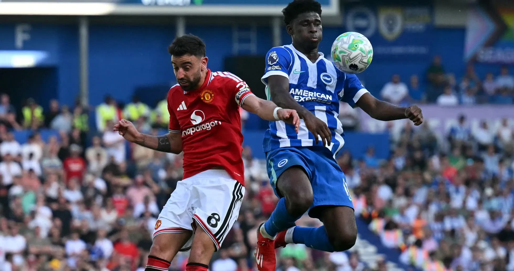 Bruno Fernandes and Brighton player contesting the ball Bruno Fernandes and Brighton player contesting the ball