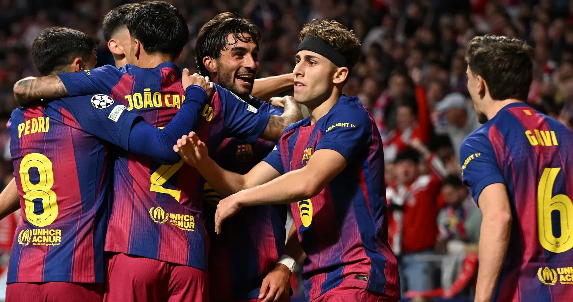 Barcelona players celebrating a goal during match Barcelona players celebrating a goal during match