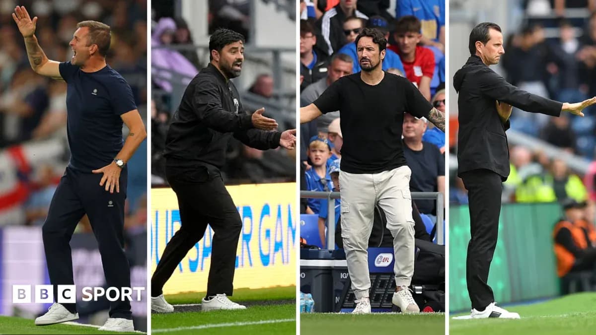Four football managers gesturing on the sidelines Four football managers gesturing on the sidelines