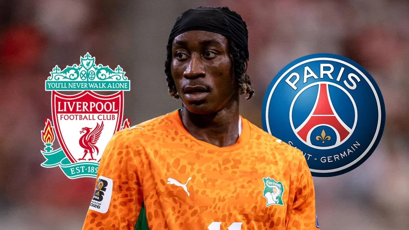 Futbolchi, Liverpool va PSG logotiplari bilan Futbolchi, Liverpool va PSG logotiplari bilan