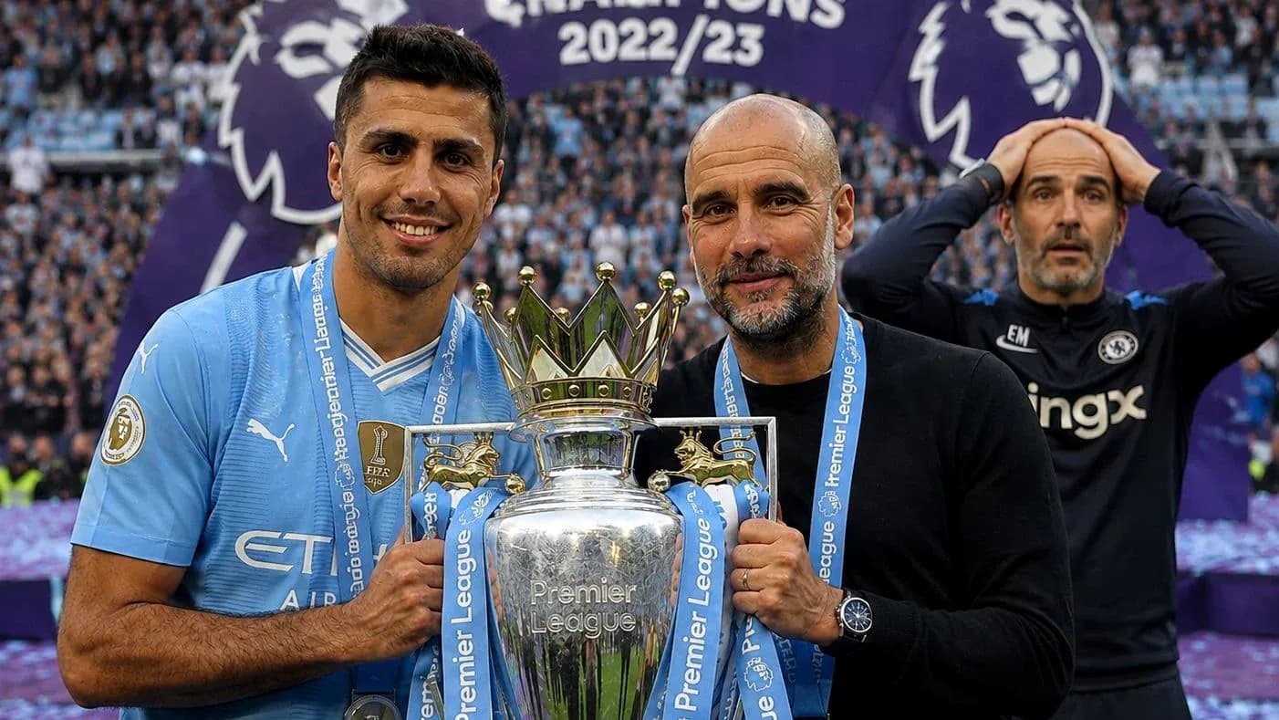 Rodri and Guardiola celebrating Premier League trophy Rodri and Guardiola celebrating Premier League trophy