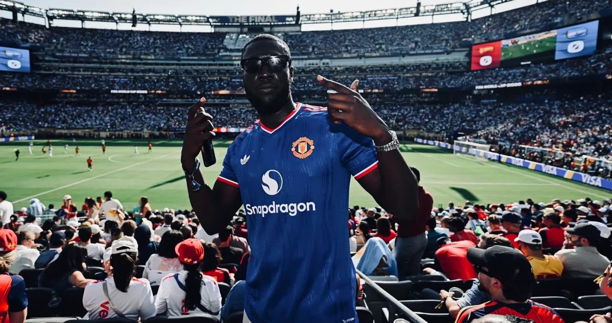 Fan in Manchester United jersey at crowded stadium Fan in Manchester United jersey at crowded stadium