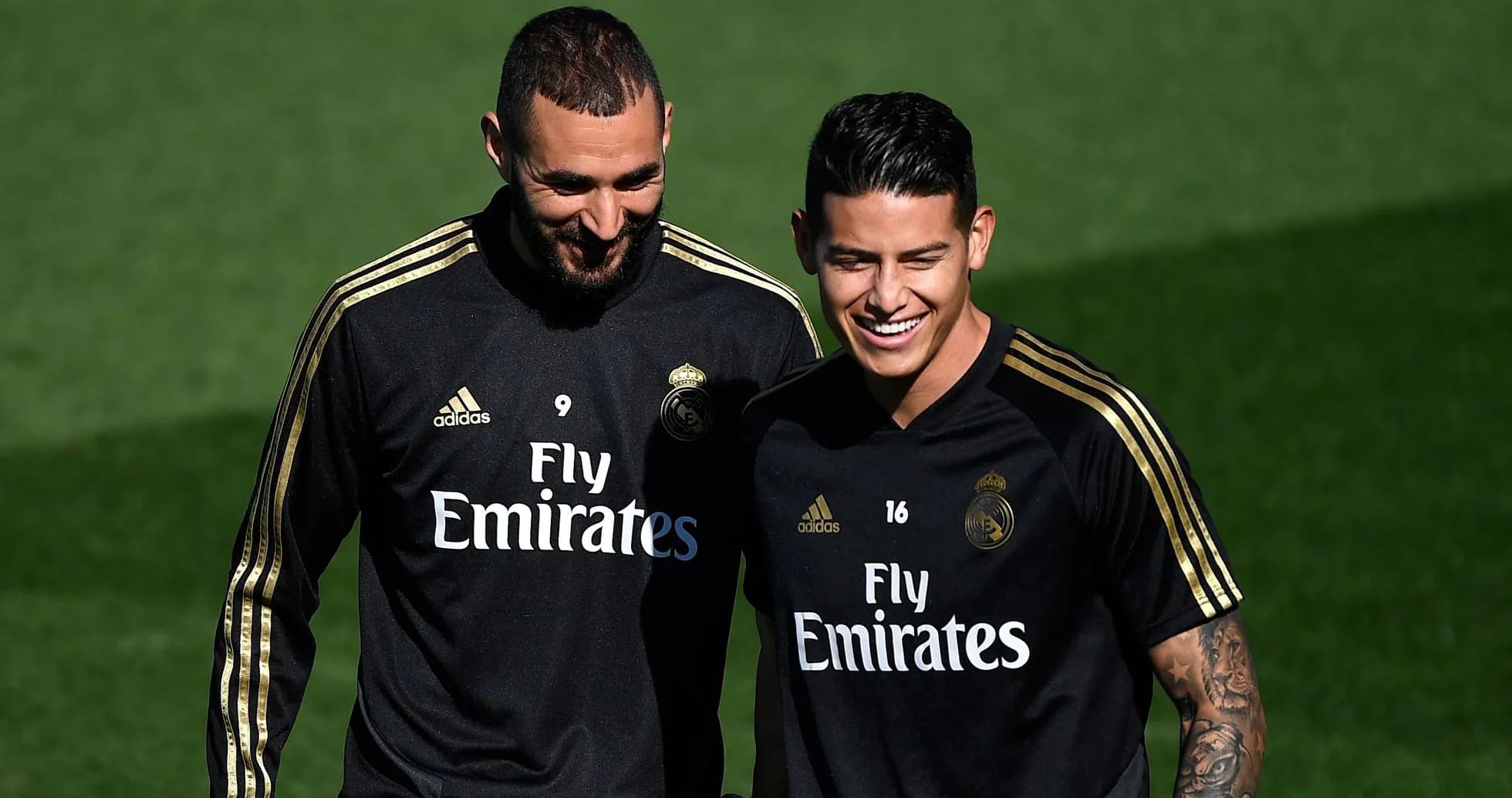 James Rodríguez and Karim Benzema during training session James Rodríguez and Karim Benzema during training session