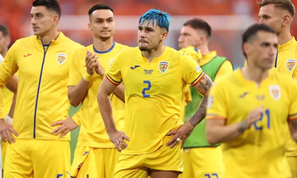 Romanian football team in yellow jerseys after match Romanian football team in yellow jerseys after match