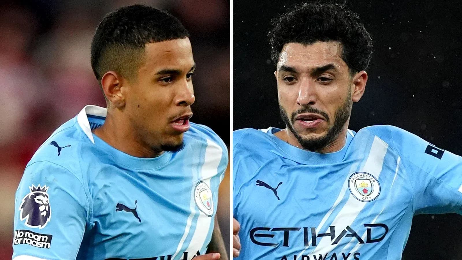 Ikki futbolchi Manchester City formasida harakatda Ikki futbolchi Manchester City formasida harakatda