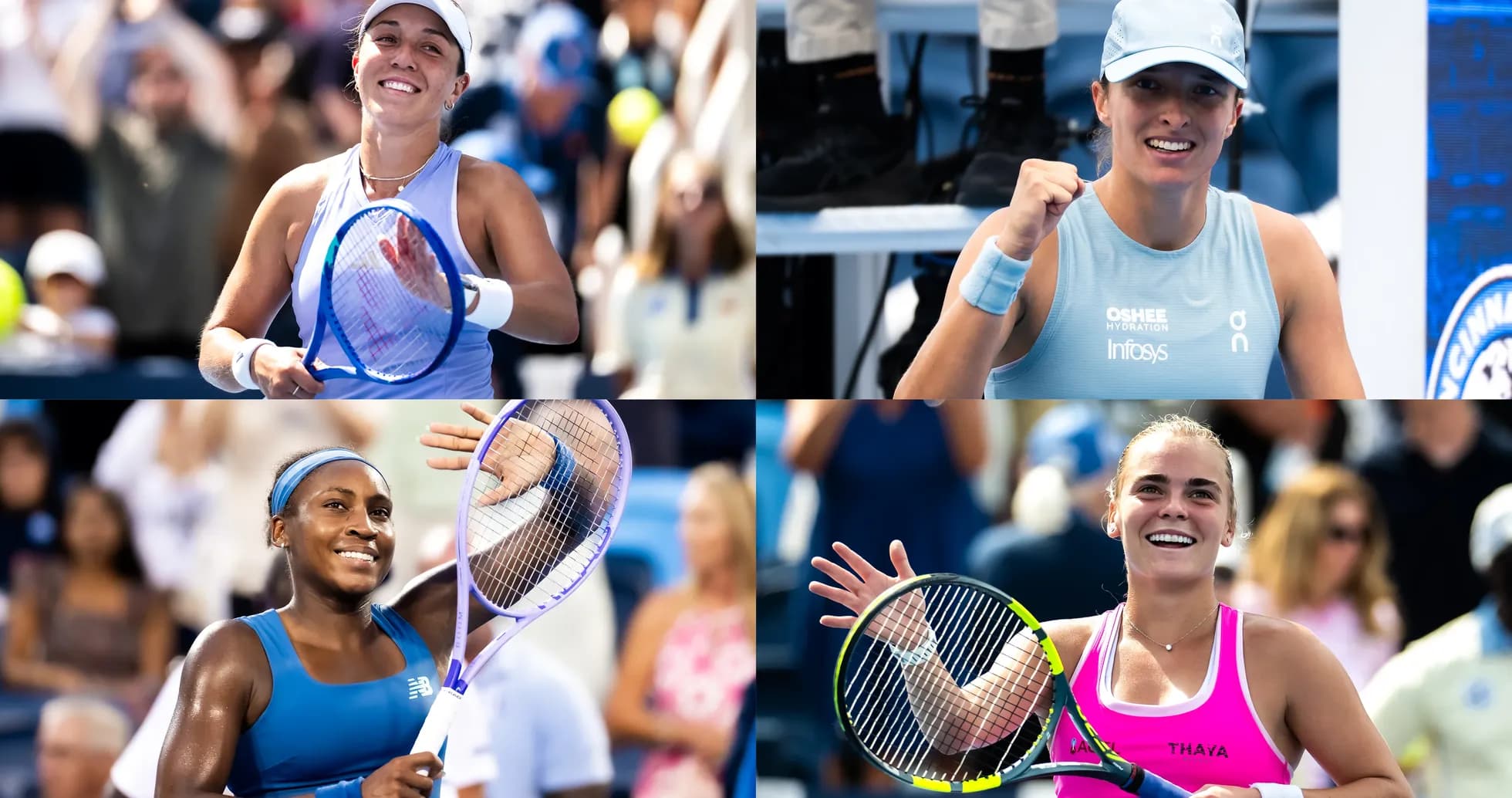 Four tennis players celebrating after matches Four tennis players celebrating after matches