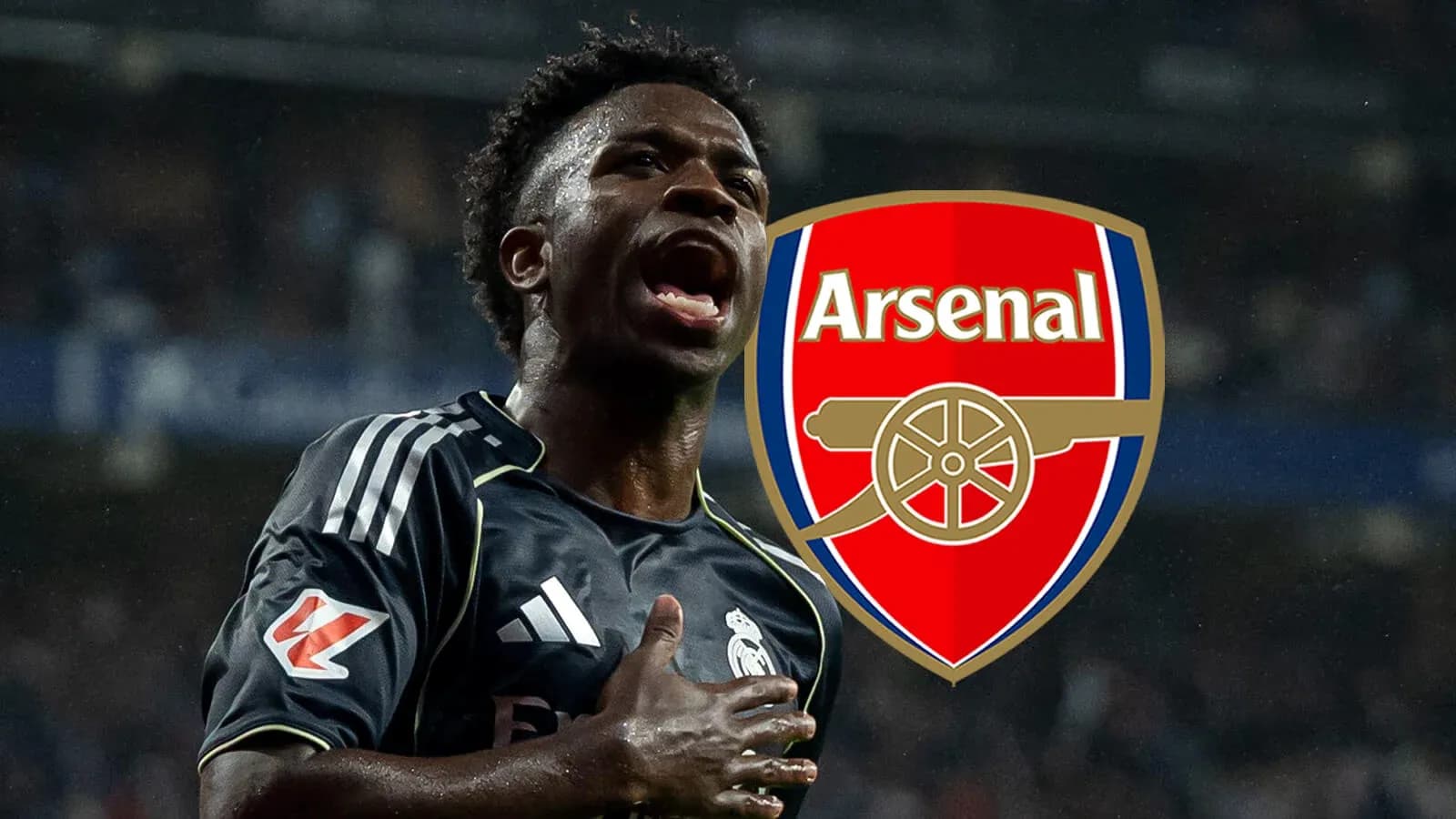 Futbolchi gollarni nishonlayapti, Arsenal logotipi fonida Futbolchi gollarni nishonlayapti, Arsenal logotipi fonida