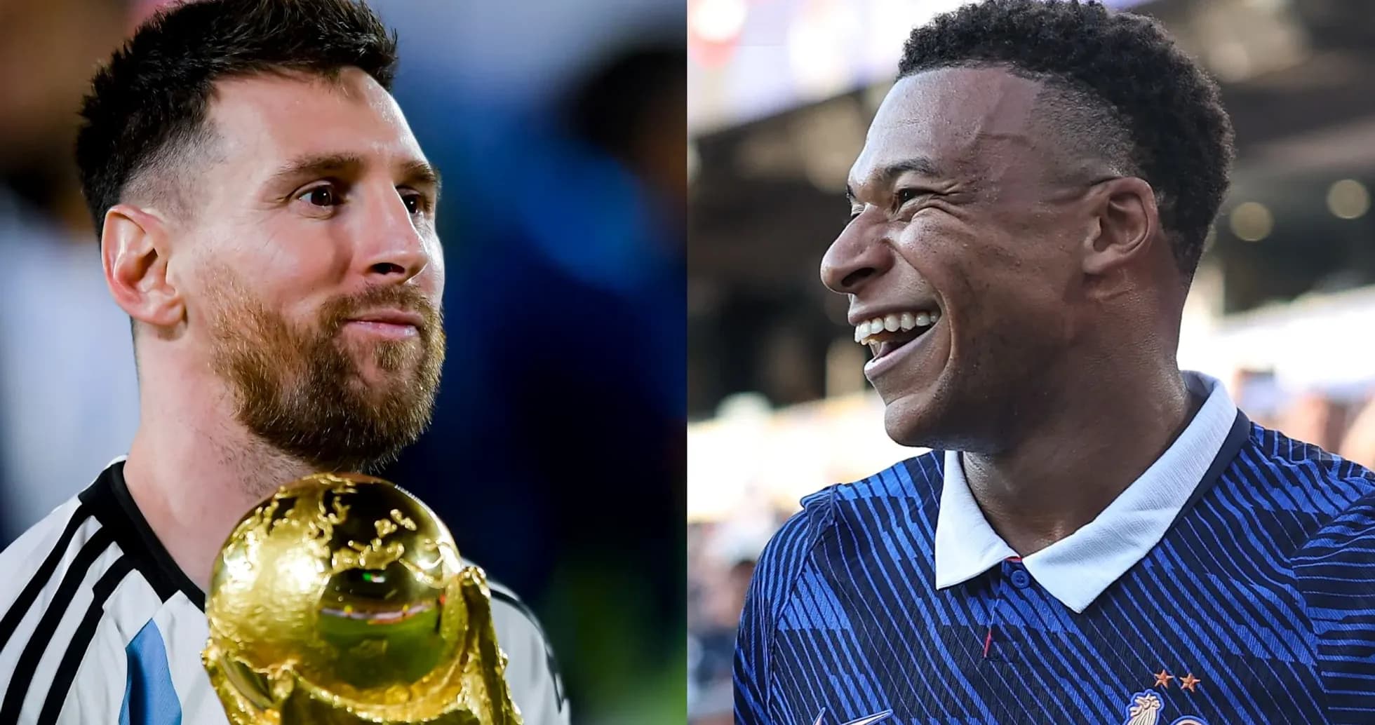 Lionel Messi holding trophy next to Kylian Mbappé Lionel Messi holding trophy next to Kylian Mbappé