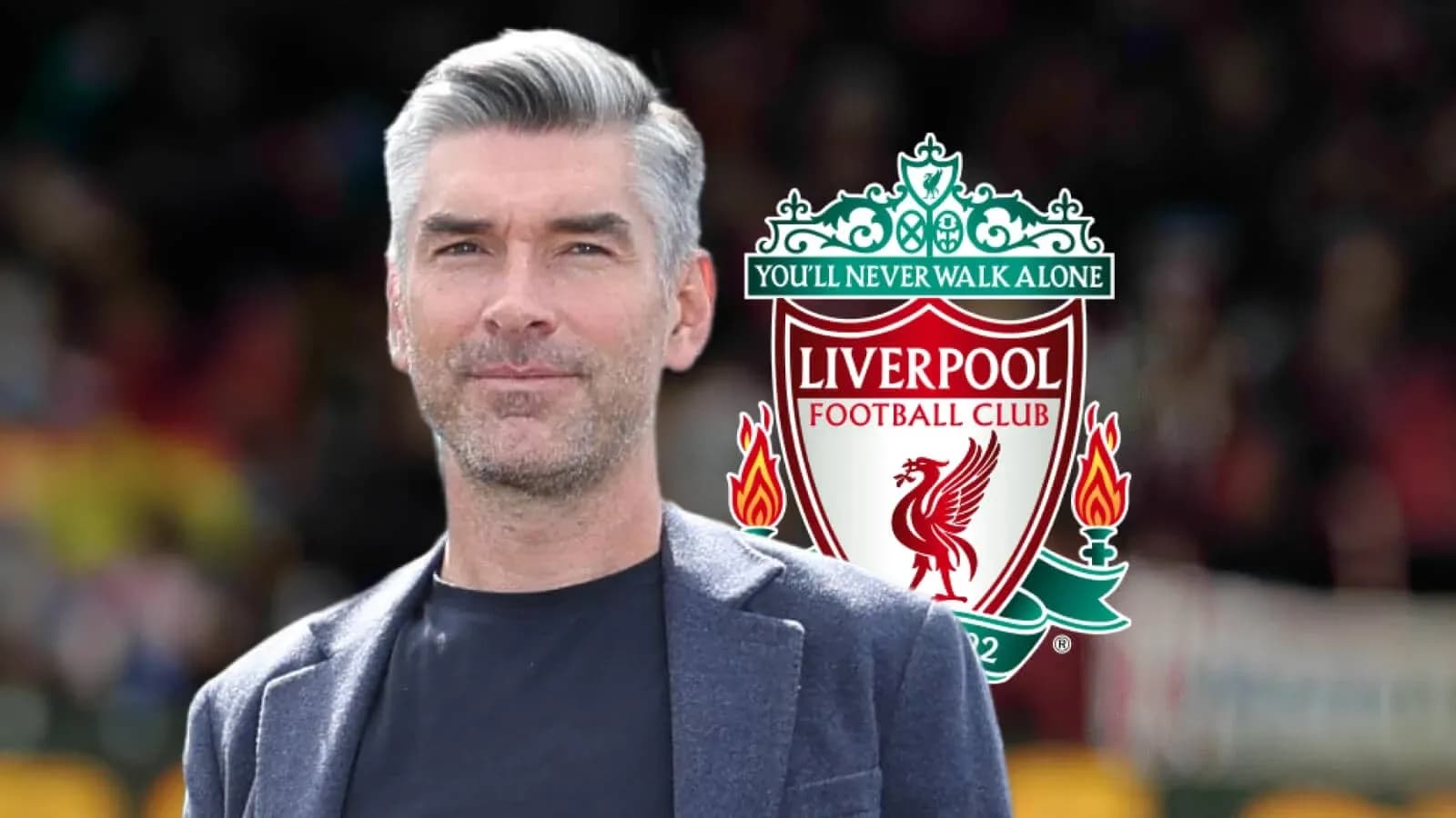 Man posing with Liverpool FC logo in background Man posing with Liverpool FC logo in background