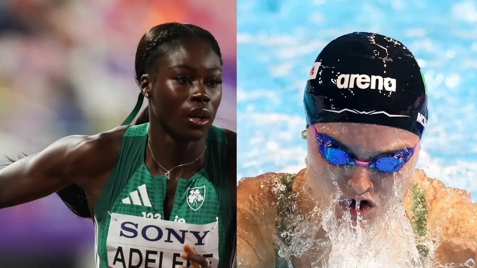 Athlete sprinting alongside swimmer in competition Athlete sprinting alongside swimmer in competition