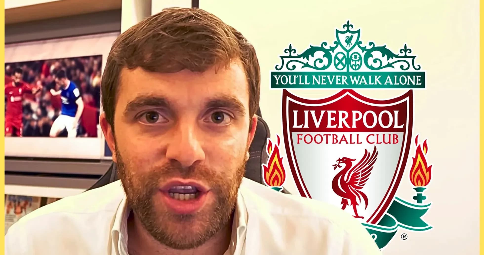 Football commentator speaking with Liverpool logo background Football commentator speaking with Liverpool logo background