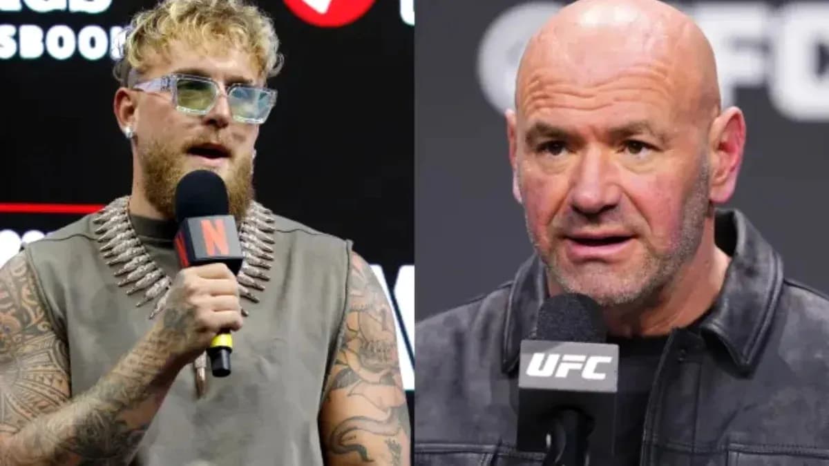 Jake Paul and Dana White speaking at event Jake Paul and Dana White speaking at event