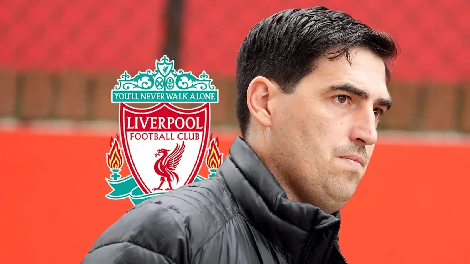 Person in front of Liverpool FC logo background Person in front of Liverpool FC logo background