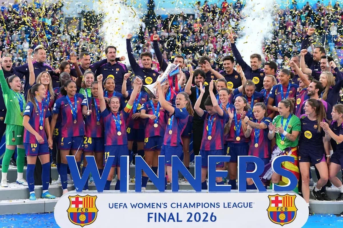 Barcelona women's team celebrating UEFA Champions League victory Barcelona women's team celebrating UEFA Champions League victory