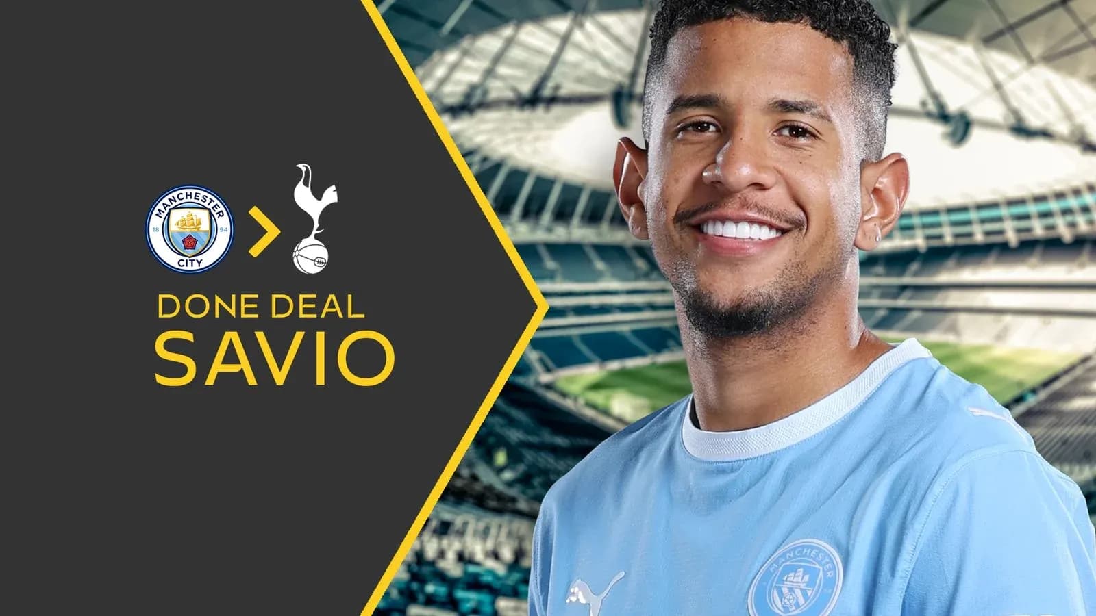 Savio smiling in Manchester City jersey announcement Savio smiling in Manchester City jersey announcement