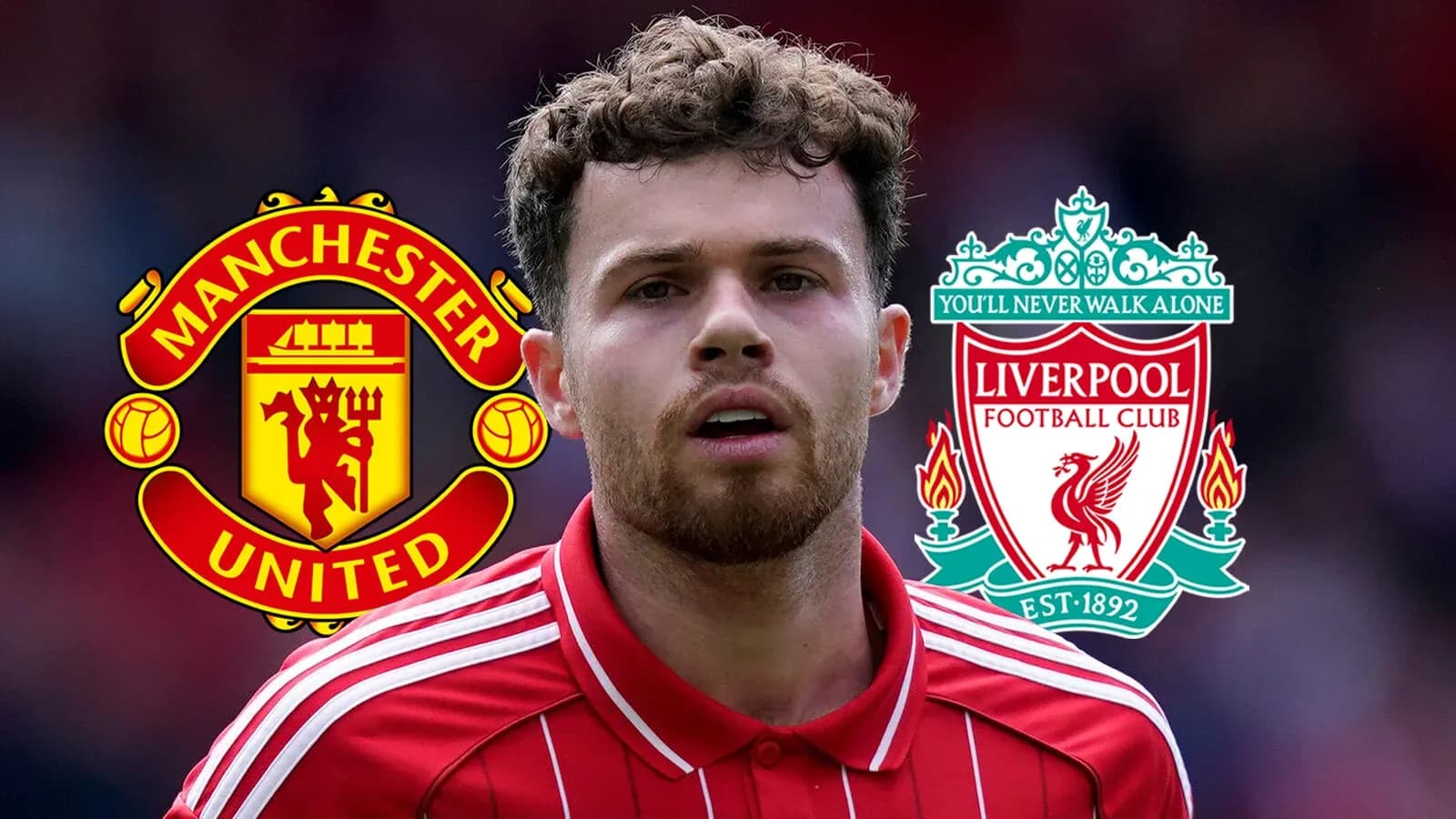 Futbolchi Manchester United va Liverpool logotiplari bilan Futbolchi Manchester United va Liverpool logotiplari bilan