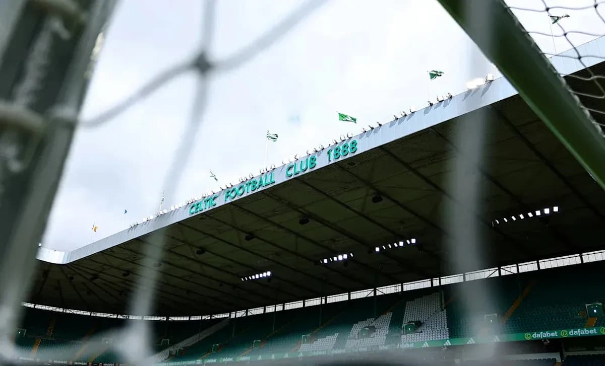 Celtic Park stadium viewed through goal net Celtic Park stadium viewed through goal net