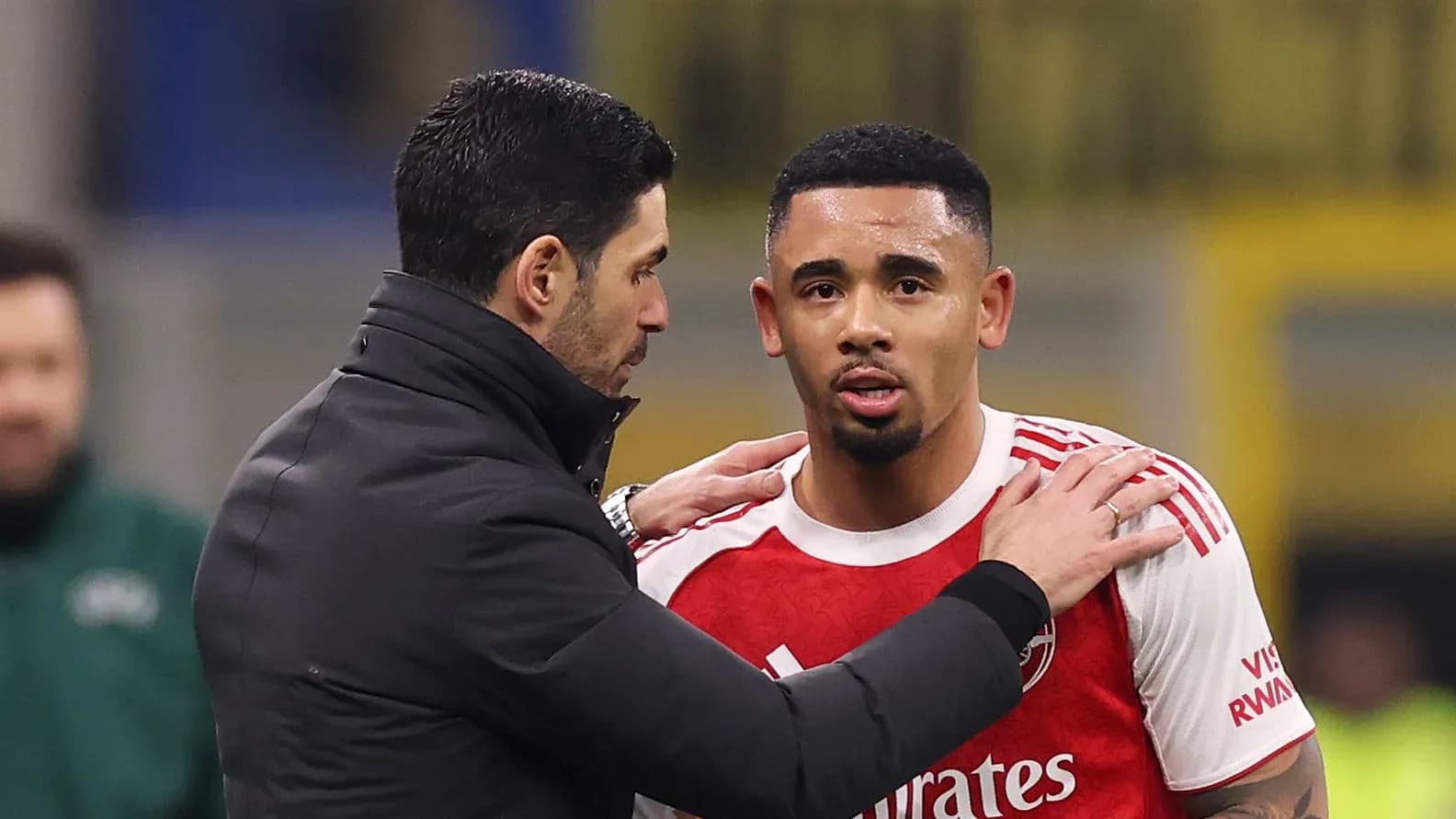 Mikel Arteta speaking with Gabriel Jesus on pitch Mikel Arteta speaking with Gabriel Jesus on pitch