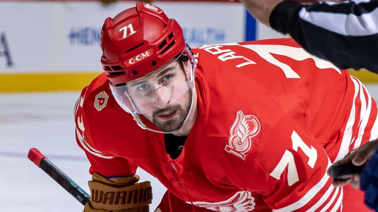 Hockey player in red jersey during game action Hockey player in red jersey during game action