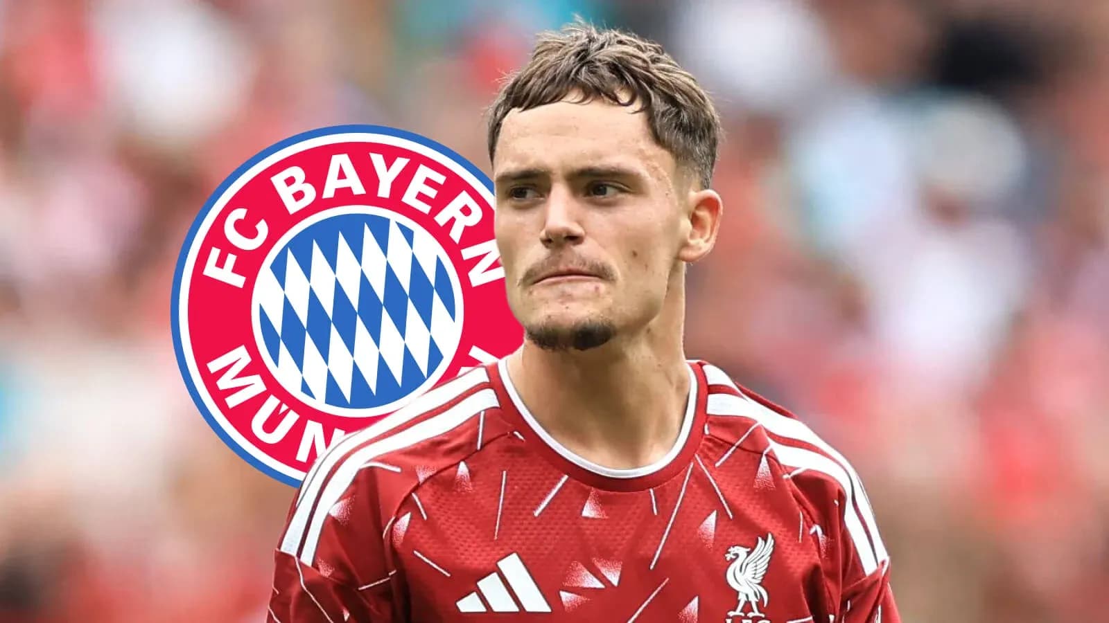 Futbolchi Liverpool formasida, Bayern logosi orqasida Futbolchi Liverpool formasida, Bayern logosi orqasida