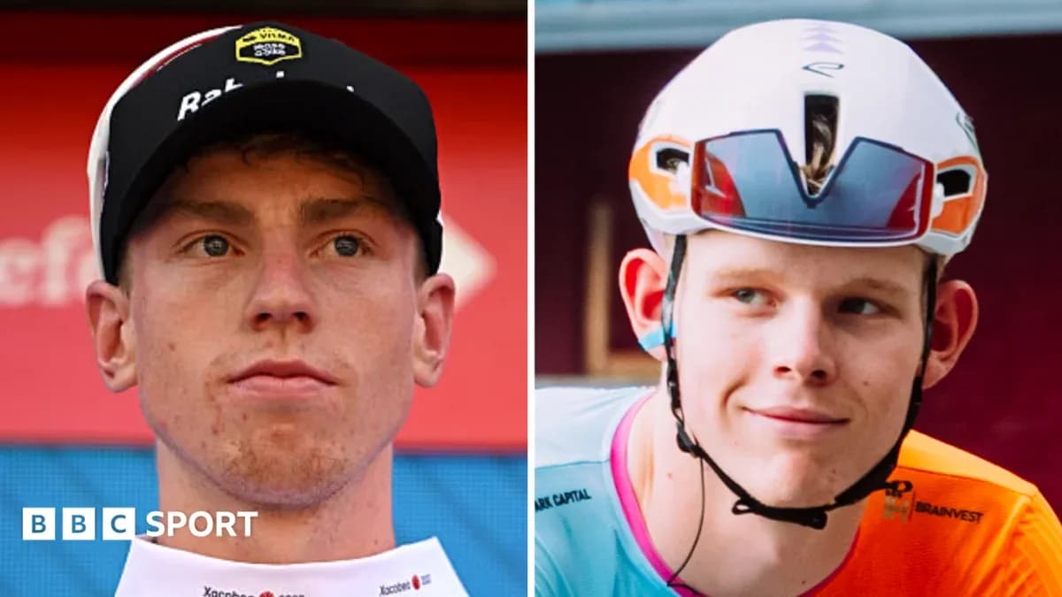 Two cyclists wearing helmets, one in team kit Two cyclists wearing helmets, one in team kit