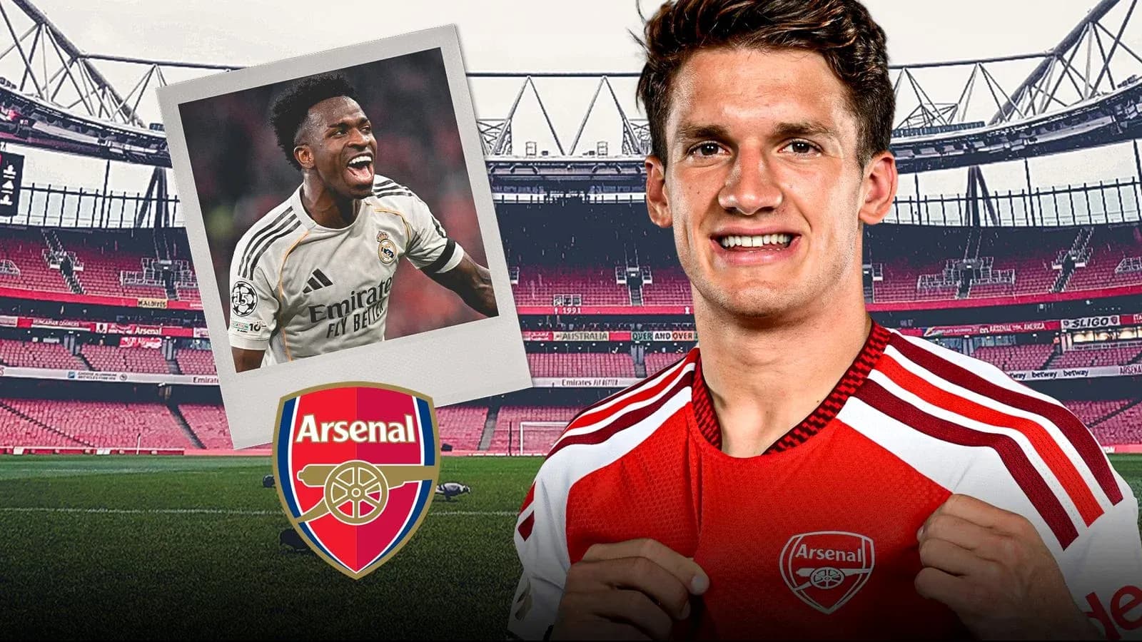 Arsenal player smiling with club logo and stadium Arsenal player smiling with club logo and stadium