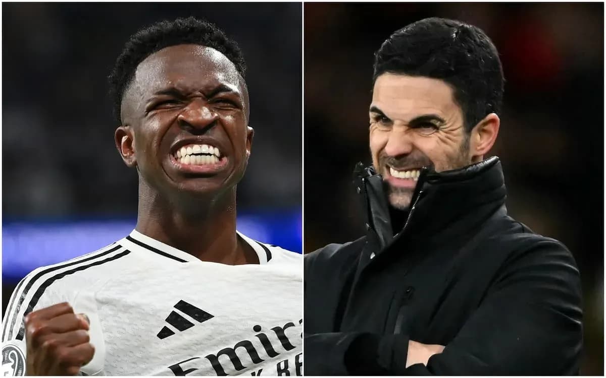 Vinicius Jr. celebrating, Mikel Arteta reacting on sideline Vinicius Jr. celebrating, Mikel Arteta reacting on sideline