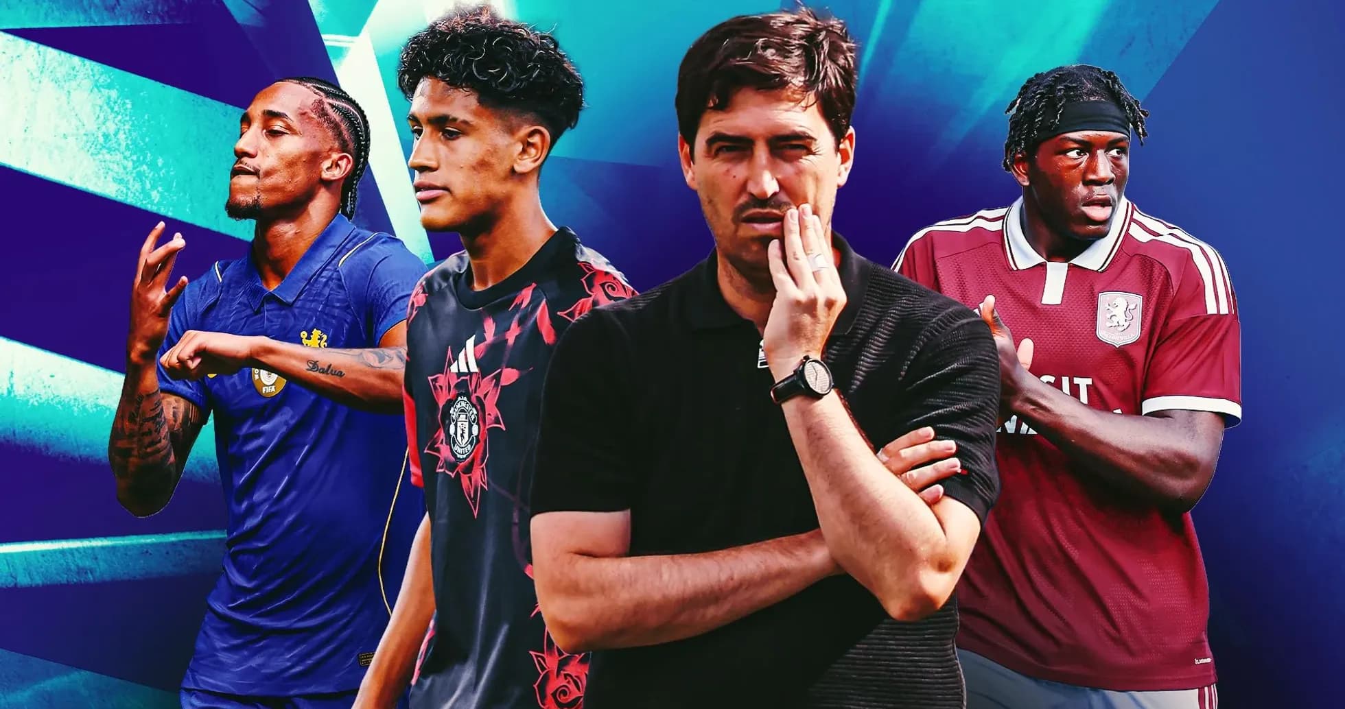 Four football players and a coach posing together Four football players and a coach posing together