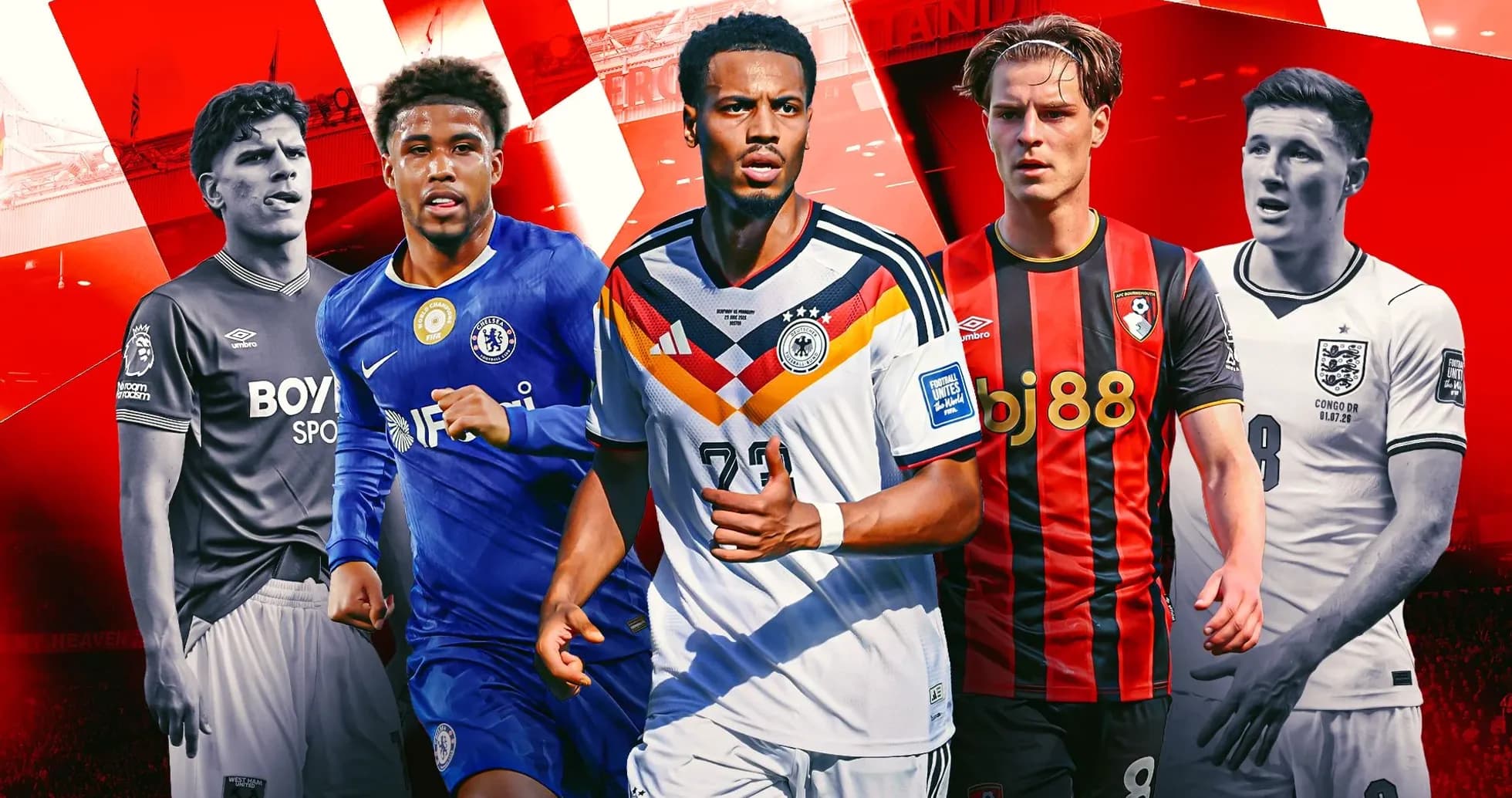 Five football players in club jerseys on red background Five football players in club jerseys on red background