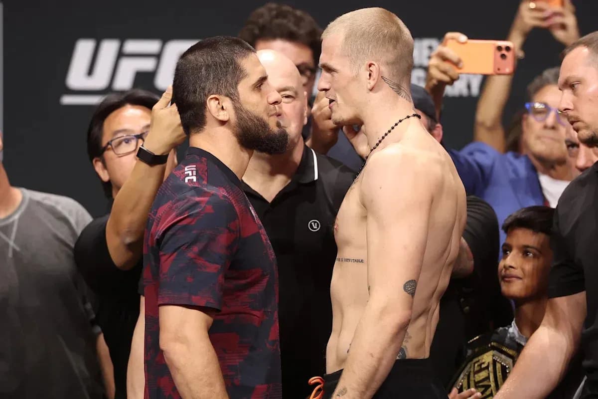 Fighters face-off during UFC weigh-in event Fighters face-off during UFC weigh-in event