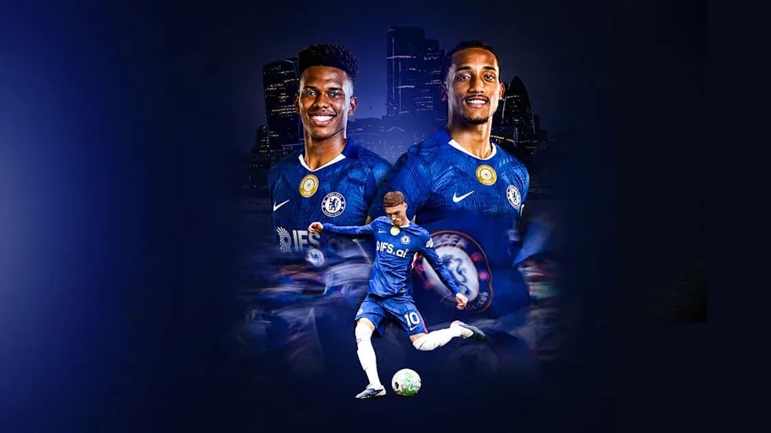 Chelsea players posing in team kits with ball Chelsea players posing in team kits with ball