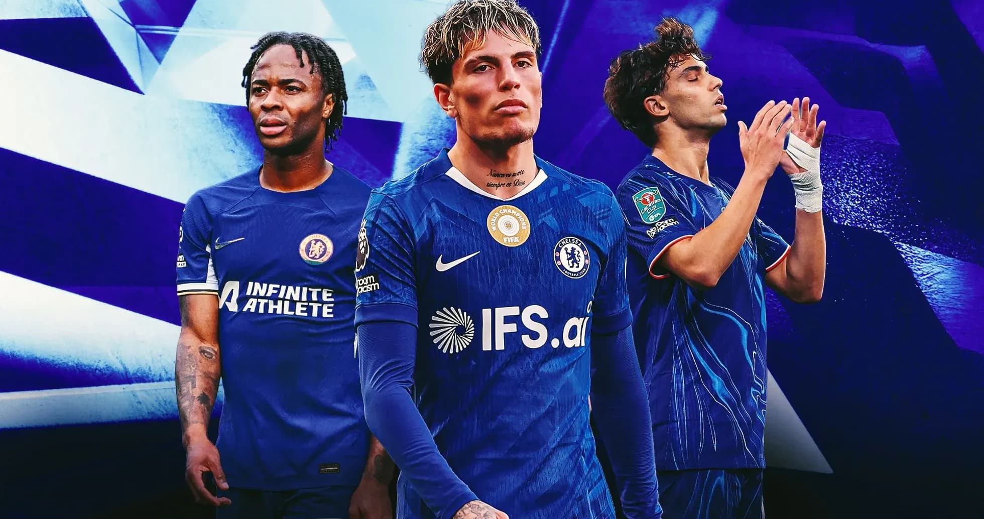 Three Chelsea players posing in blue jerseys Three Chelsea players posing in blue jerseys