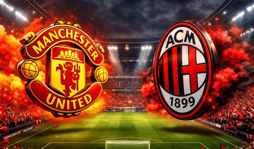 Manchester United and AC Milan logos with stadium background Manchester United and AC Milan logos with stadium background