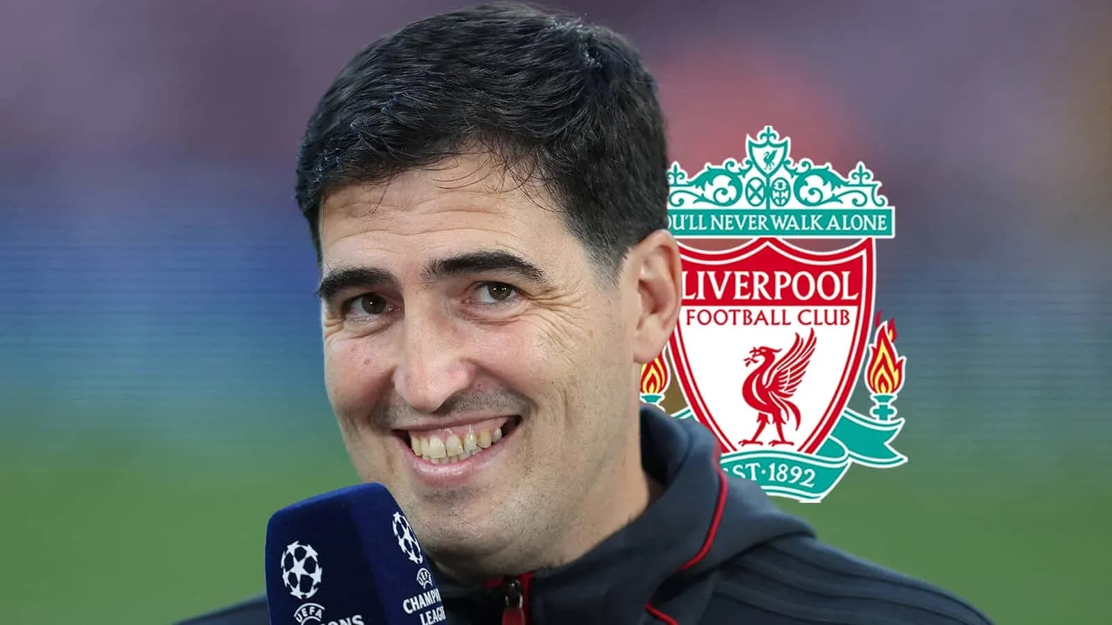 Interviewer speaking before Liverpool match backdrop Interviewer speaking before Liverpool match backdrop