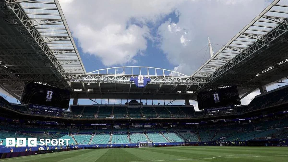 Stadium interior with FIFA World Cup 2026 banner Stadium interior with FIFA World Cup 2026 banner