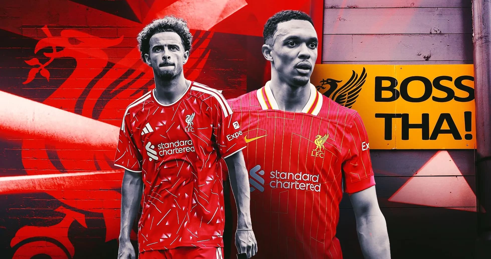 Liverpool players posing in red kits with logo Liverpool players posing in red kits with logo