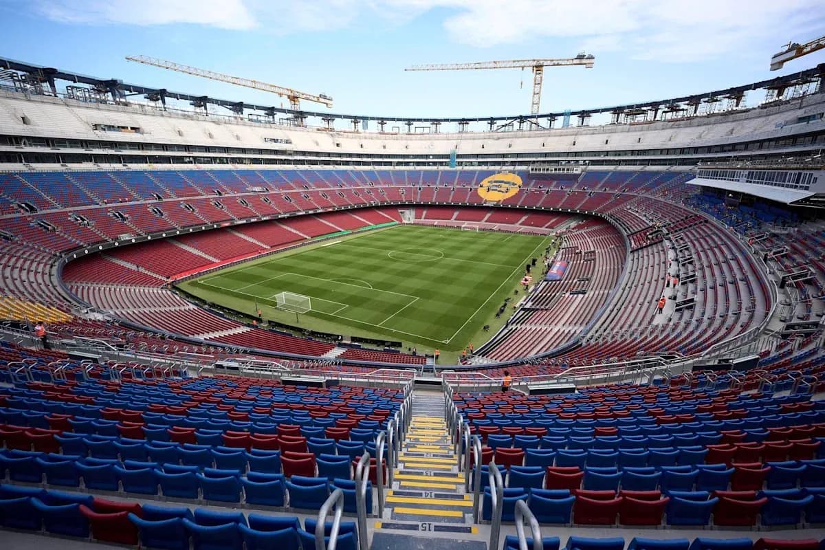 Camp Nou stadium with empty stands and pitch Camp Nou stadium with empty stands and pitch