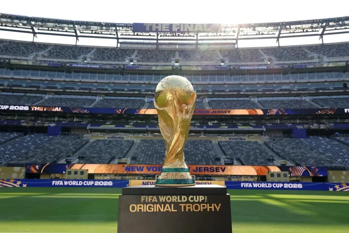 FIFA World Cup trophy displayed in stadium FIFA World Cup trophy displayed in stadium