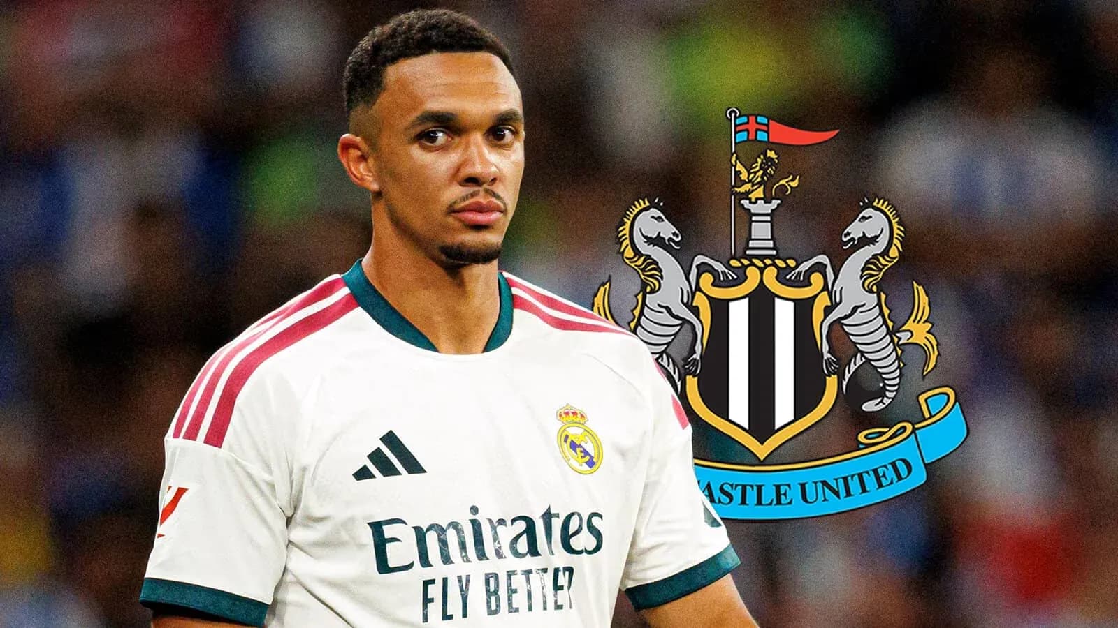 Futbolchi Real Madrid formasida, Newcastle United ramzi orqasida Futbolchi Real Madrid formasida, Newcastle United ramzi orqasida