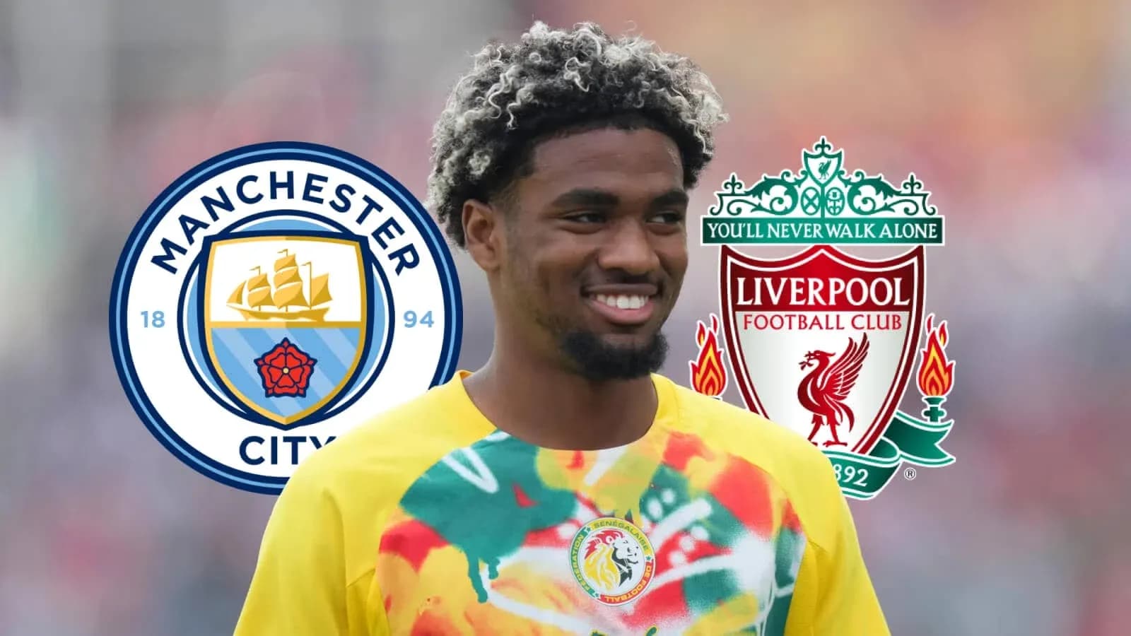 Futbolchi, Manchester City va Liverpool logotiplari bilan Futbolchi, Manchester City va Liverpool logotiplari bilan