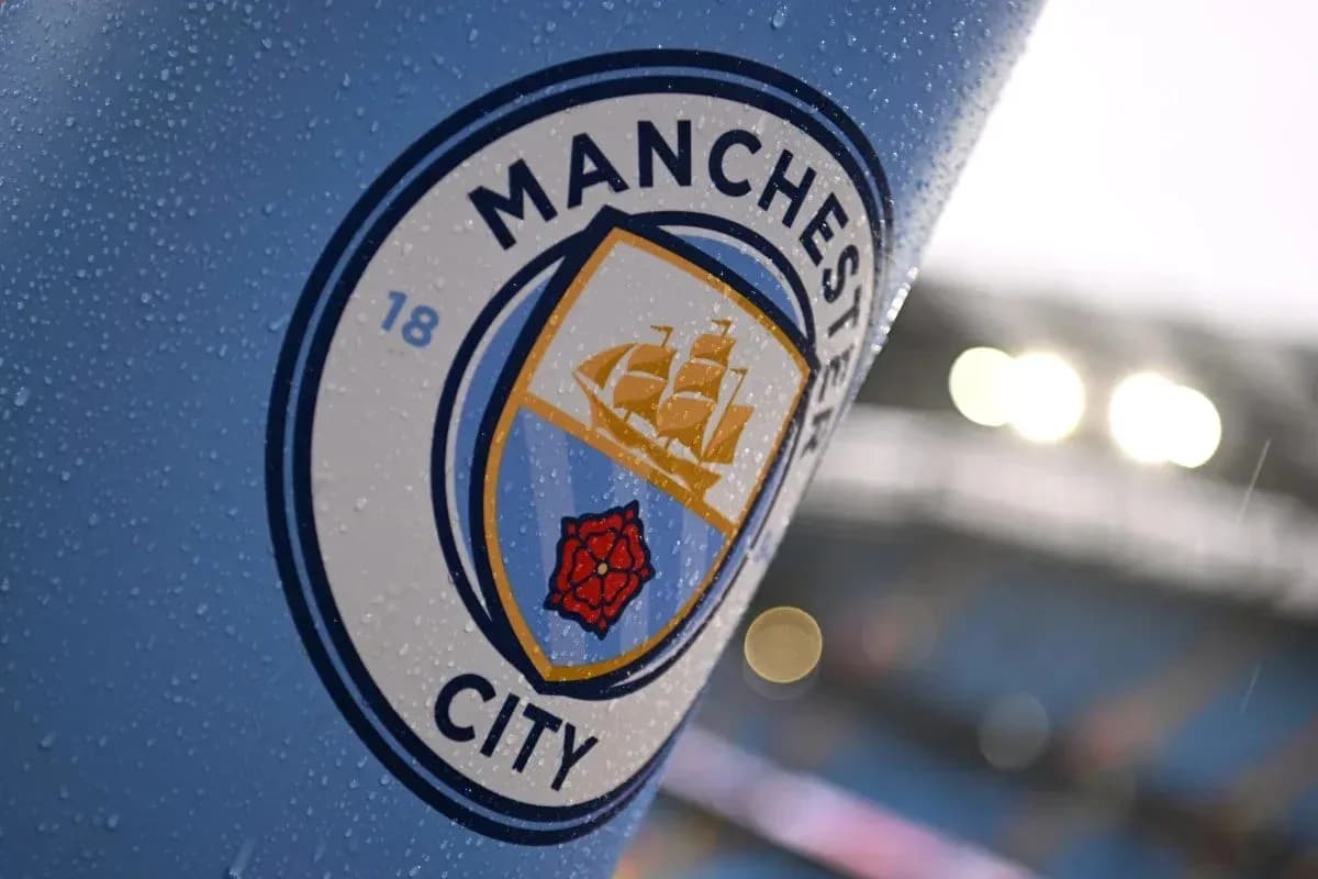 Manchester City club logo on a rainy day Manchester City club logo on a rainy day