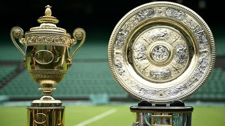 Tennis trophies displayed on the court Tennis trophies displayed on the court