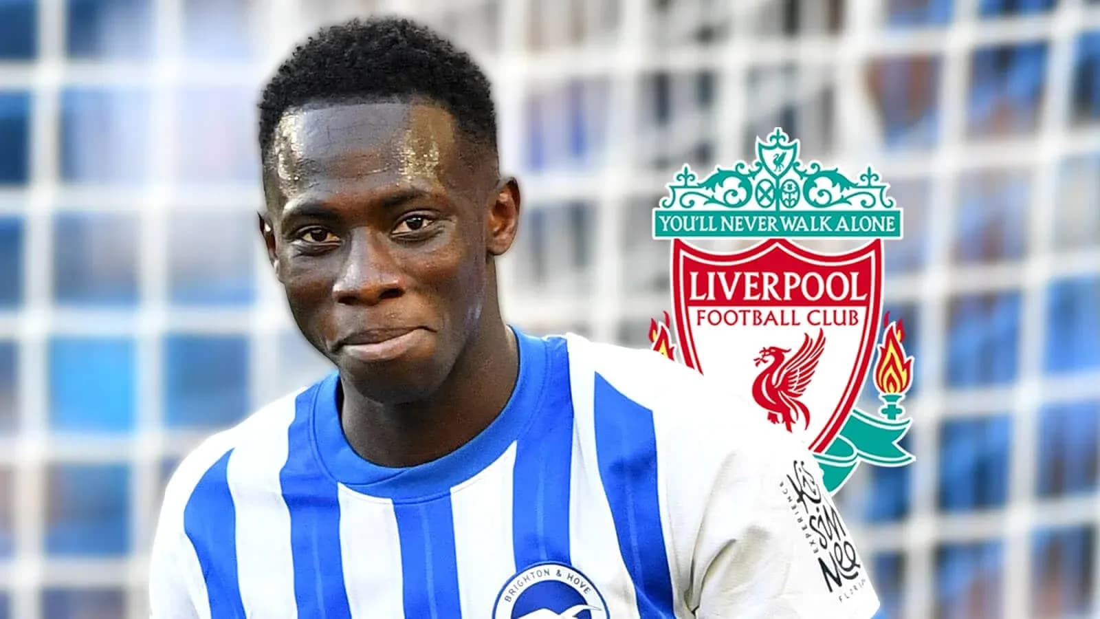 Futbolchi Brighton & Hove formasida, Liverpool emblemasi bilan Futbolchi Brighton & Hove formasida, Liverpool emblemasi bilan