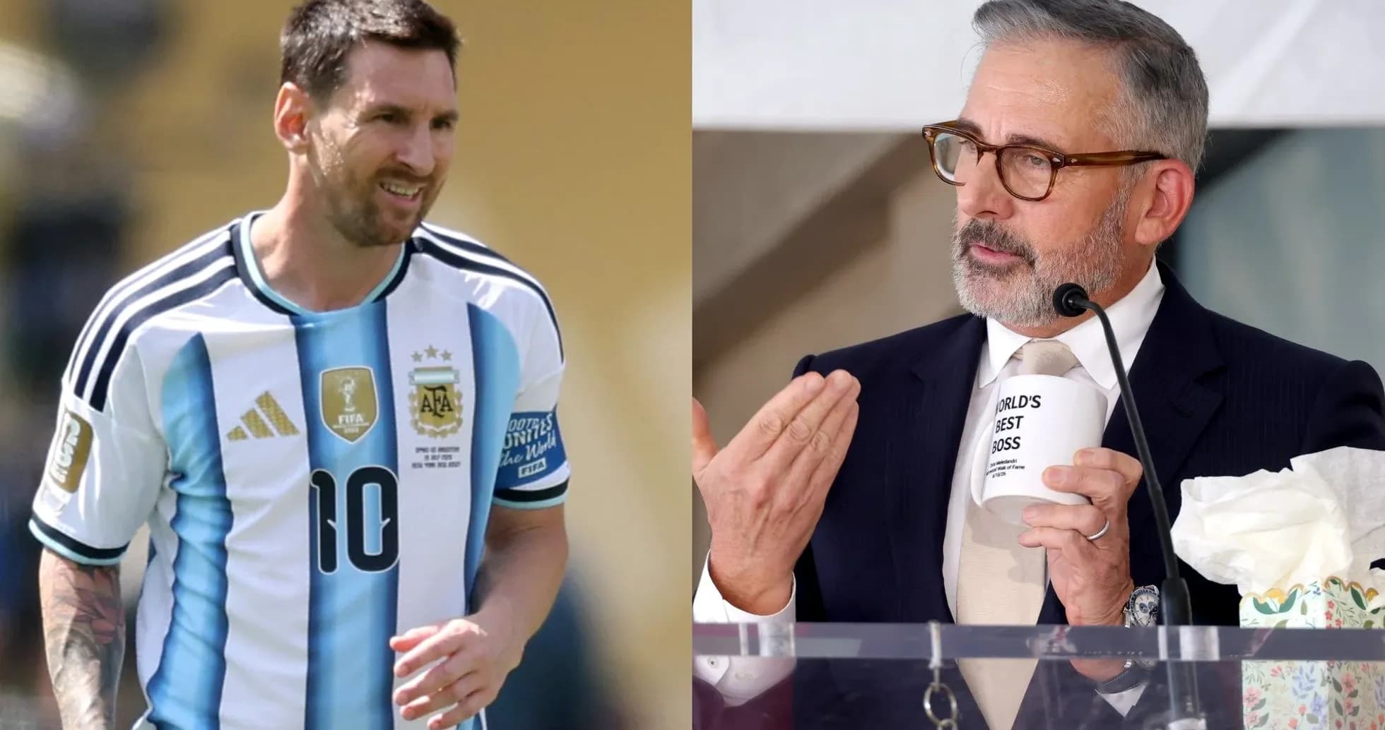Lionel Messi playing football and Steve Carell speaking Lionel Messi playing football and Steve Carell speaking