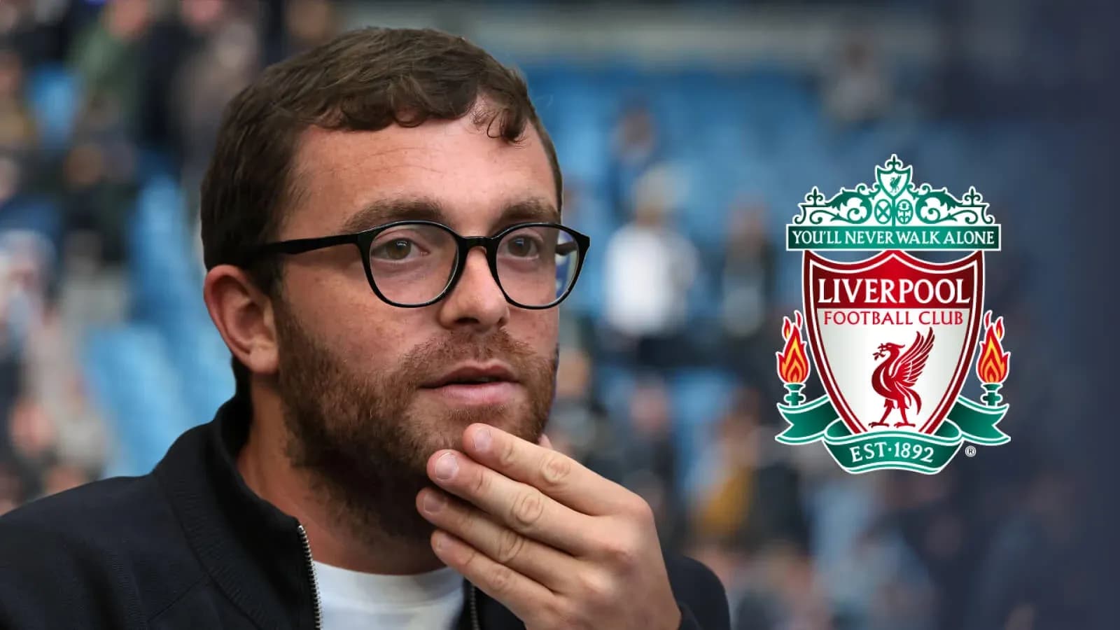 Man thinking with Liverpool FC logo in background Man thinking with Liverpool FC logo in background