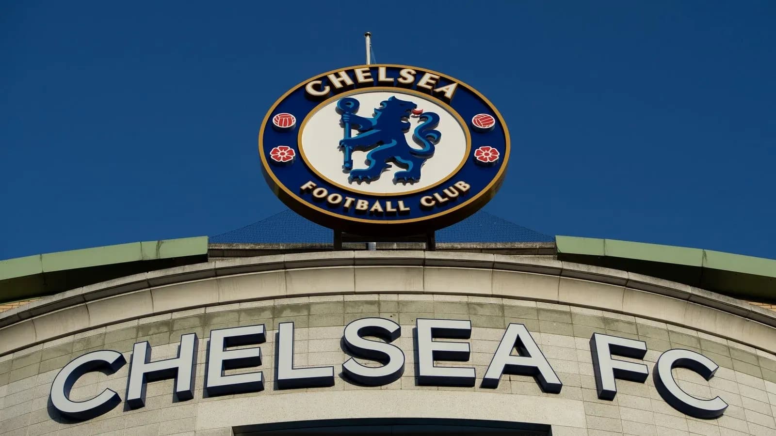 Chelsea FC logo on stadium facade Chelsea FC logo on stadium facade