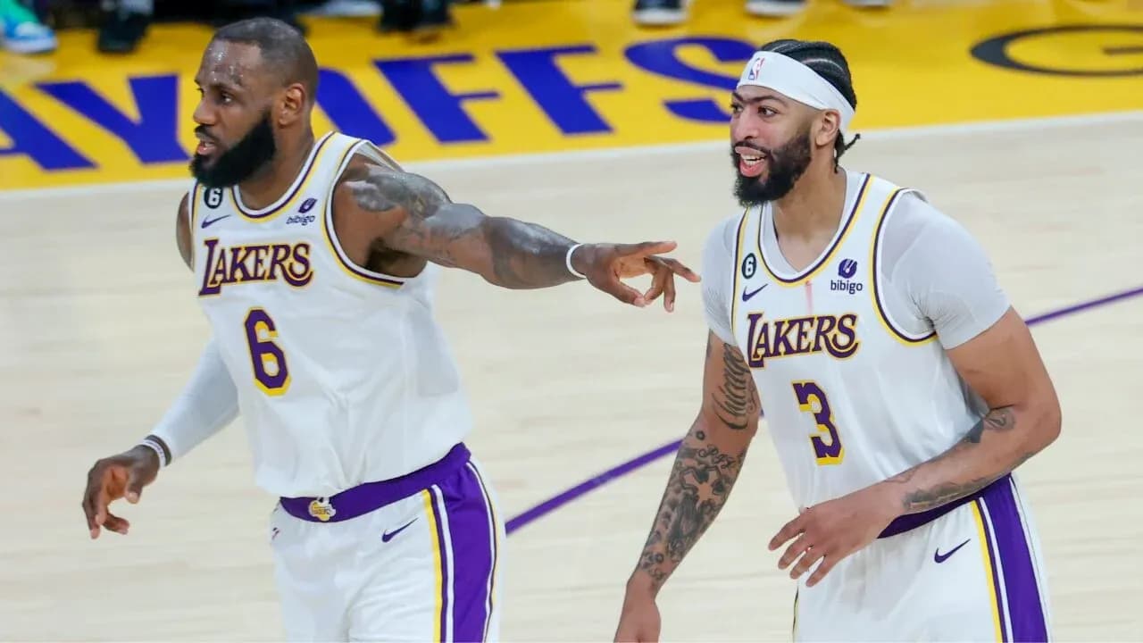 LeBron James and Anthony Davis celebrating during game LeBron James and Anthony Davis celebrating during game