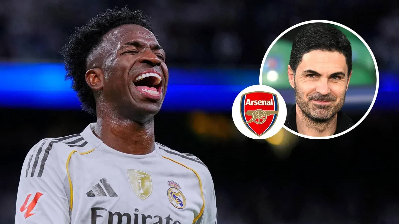 Vinicius Jr. celebrating during a match with Arsenal logo Vinicius Jr. celebrating during a match with Arsenal logo