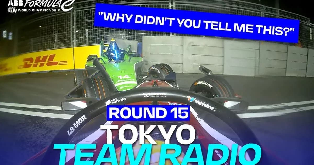 Formula E cars racing in Tokyo, team radio displayed Formula E cars racing in Tokyo, team radio displayed