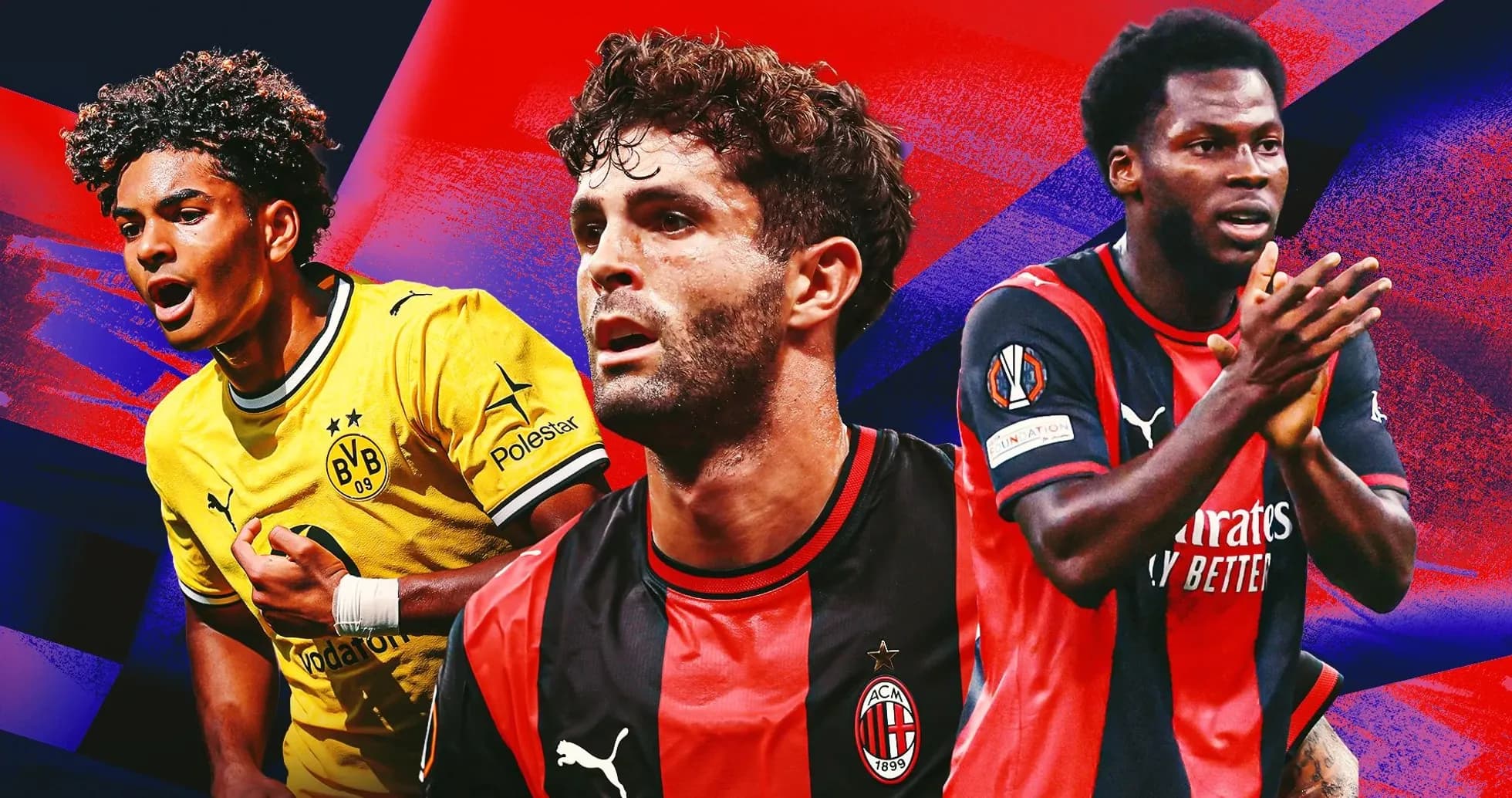 Three football players in team jerseys with colorful background Three football players in team jerseys with colorful background